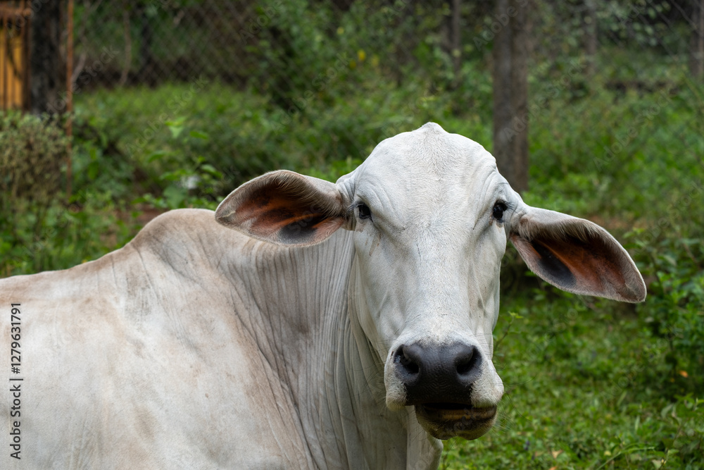 Nelore cow ruminating and lying down in the pasture Nelore cow ruminating and lying down in the pasture