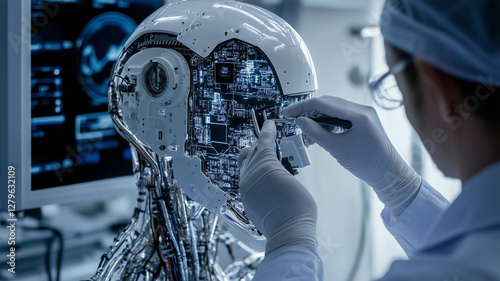エンジニアがヒューマノイドロボットの頭部を調整する未来技術の最前線