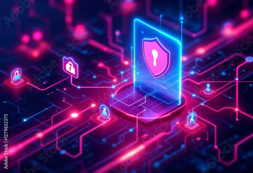 Cybersecurity shield with glowing lock on a futuristic digital network symbolizing data protection encryption online privacy and secure computing technology in cyberspace

 photo