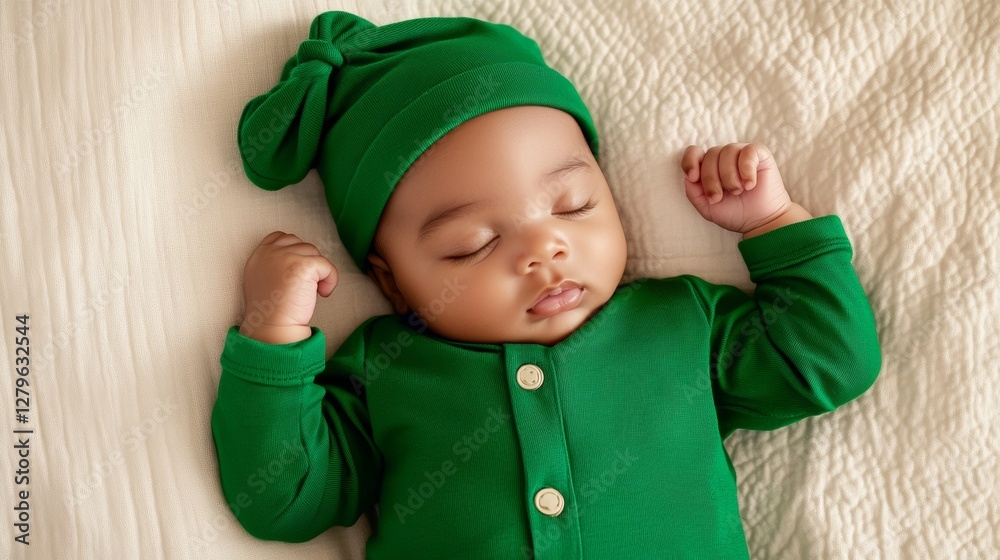 A peaceful sleeping baby in a green outfit rests on a soft surface, exuding innocence and tranquility. A peaceful sleeping baby in a green outfit rests on a soft surface, exuding innocence and tranquility.