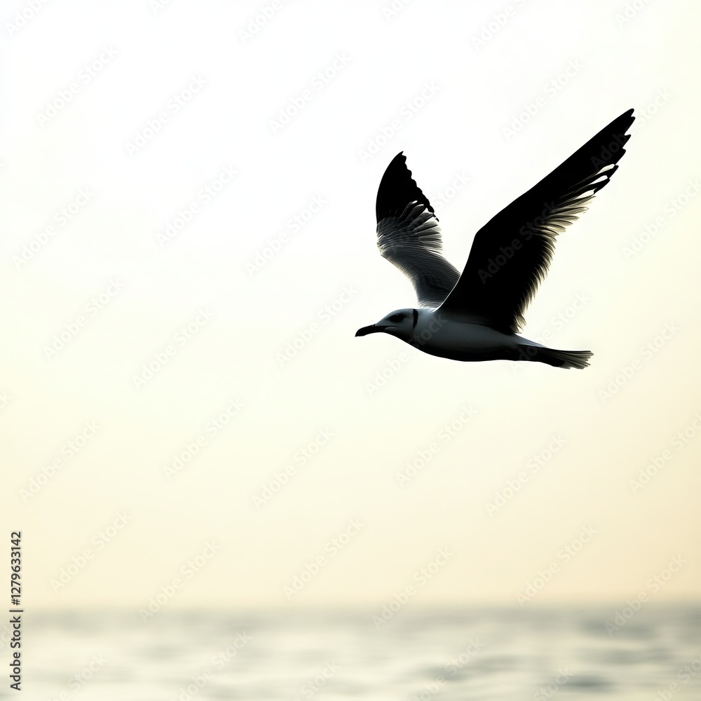 Obraz premium Bird soars over the ocean in flight, gracefully riding the ocean breeze.