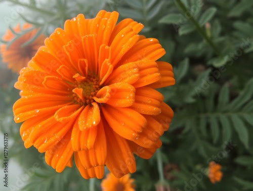 A close-up photograph of raindrops gently clinging to a small flower's petals showcasing intricate beauty of nature photo