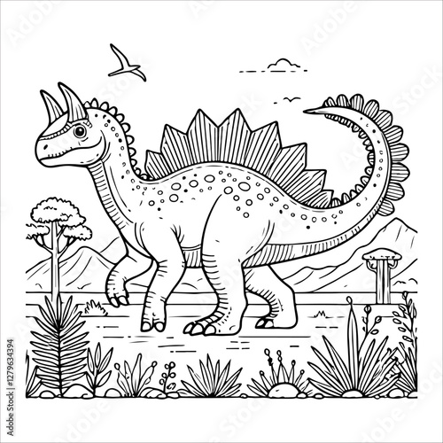 Dinosaur coloring page. Dinosaur in the park. Vector illustration.