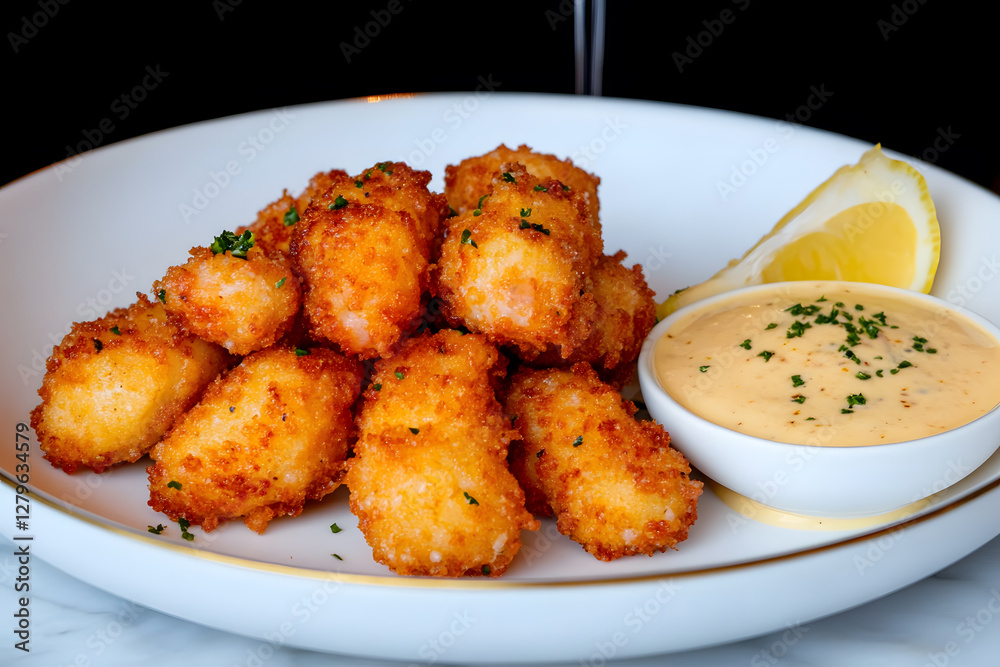 Golden fried food with zesty dipping sauce on a white plate, garnished with fresh herbs and a lemon wedge. Ready to be eaten and enjoyed as a snack or appetizer. Golden fried food with zesty dipping sauce on a white plate, garnished with fresh herbs and a lemon wedge. Ready to be eaten and enjoyed as a snack or appetizer.