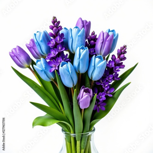 A lush mix of tulips and violets in shades of blue and purple against a white background, white flowers, bouquet