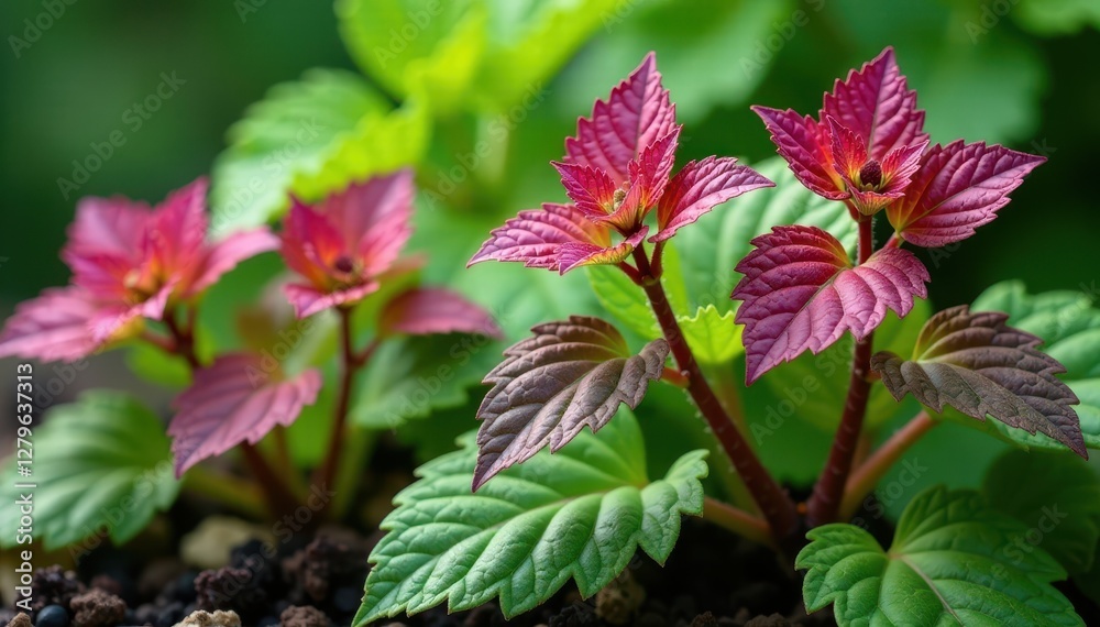 A selection of colorful coleus leaves growing on a painted nettle stem, nature, botanical, nettle A selection of colorful coleus leaves growing on a painted nettle stem, nature, botanical, nettle