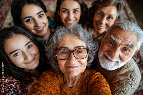 joyful family portrait featuring multiple generations smiling together, showcasing love and connection. warm atmosphere highlights bond among family members