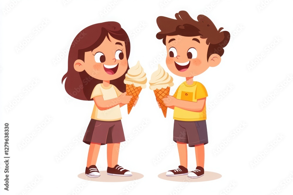 Children sharing ice cream cone on a sunny day - friendship and joyful summer fun Children sharing ice cream cone on a sunny day - friendship and joyful summer fun