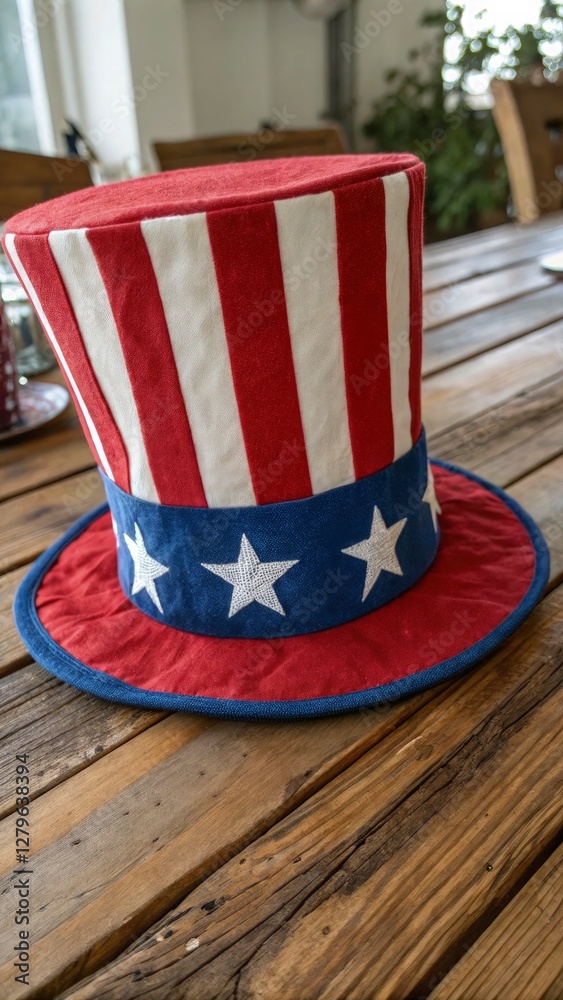 Obraz premium Classic Uncle Sam hat with red and white stripes and a blue band with white stars, placed on a rustic wooden table, soft natural lighting, patriotic and festive atmosphere, high-detail textures