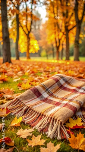 Cozy wool picnic blanket with fringe edges, laid out under a tree with scattered autumn leaves, warm fall color palette, soft-focus background, nostalgic and peaceful atmosphere