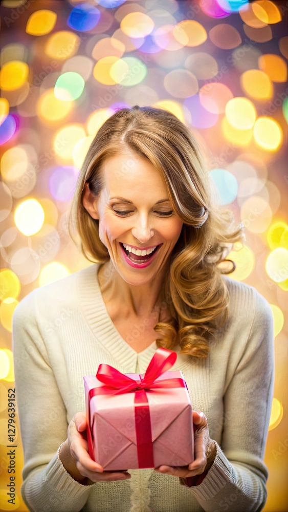 Mother smiling with happiness while receiving a surprise gift, bright and cheerful lighting, vibrant and joyful colors, soft-focus background, high-detail textures Mother smiling with happiness while receiving a surprise gift, bright and cheerful lighting, vibrant and joyful colors, soft-focus background, high-detail textures