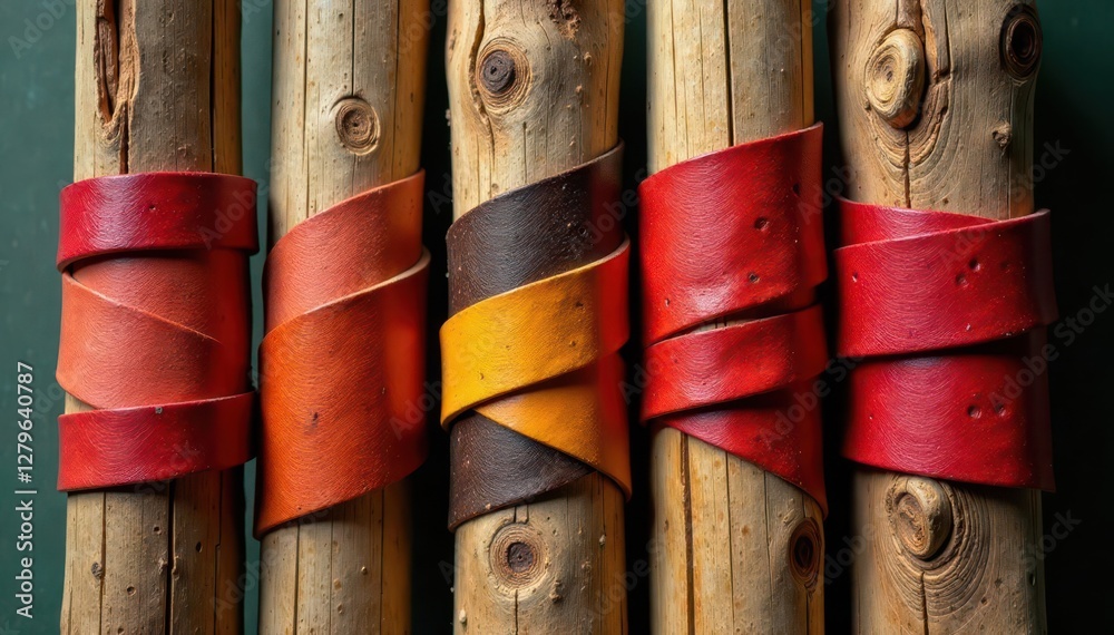 Leather strips in bright hues wrapped around wooden posts, crafty, wooden, wraps Leather strips in bright hues wrapped around wooden posts, crafty, wooden, wraps