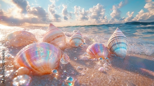 Dreamy Seaside View with Vibrant Seashells and Sparkling Water Bubbles Photo