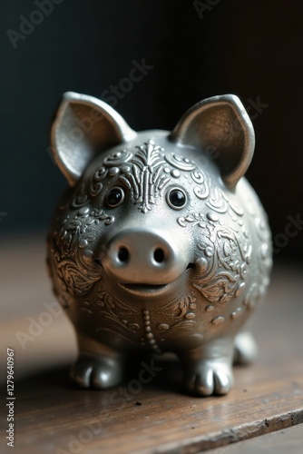Old, worn-out silver piggy bank with intricate designs, piggy bank, currency storage, cachet