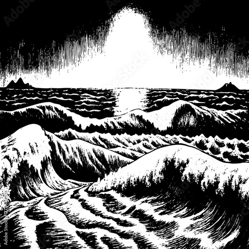 Generative AI illustration of black and white sea landscape.