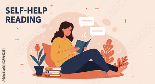 Woman reading self-help books at home. Minimalist flat stye vector