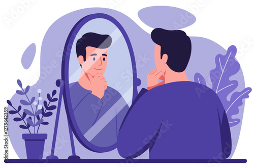 Man looking at the mirror and smiling. Self-reflection, self-acceptance concept. Minimalist flat style vector