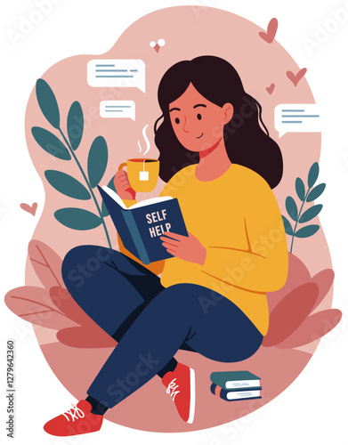 Woman reading self-help books at home. Minimalist flat stye vector