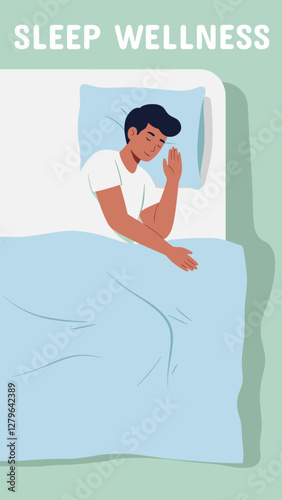 Sleep wellness cartoon vector with man sleeping peacefully. Colorful flat style