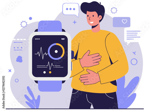 Man using smartwatch to monitor health. Colorful flat style vector