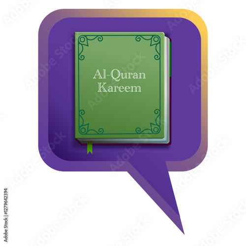 A colorful digital illustration of the Holy Quran on a vibrant gradient background, emphasizing spirituality and Islamic culture. The green book features an ornate design.
