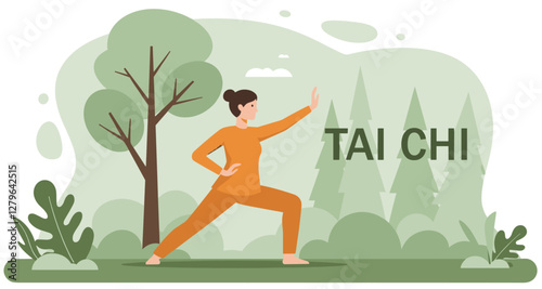 Woman practicing Tai chi in the forest. Colorful flat design cartoon