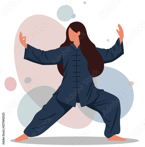 Woman practicing Tai Chi. Minimalist flat style vector