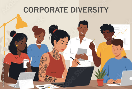 Corporate diversity concept with tattooed woman, Indian, Latin and Caucasian people. Minimalist flat design cartoon