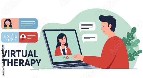 Man having Virtual therapy with professional psychologist. Colorful minimalist illustration