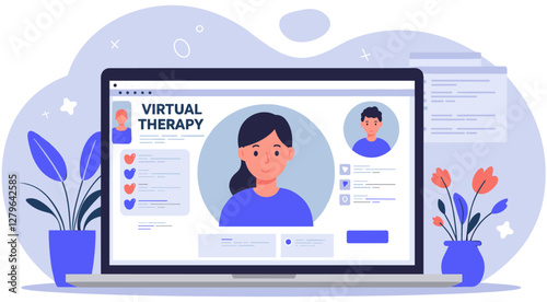 Virtual Therapy concept with laptop with professional therapist. Minimalist flat style vector
