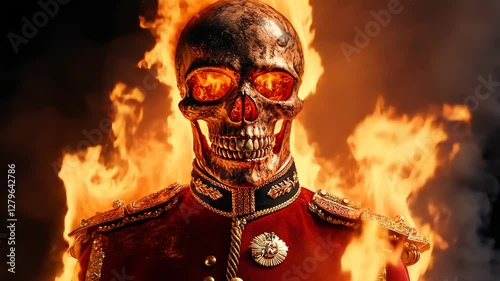 Fiery skull soldier engulfed: intense flames reflecting in metallic armor
