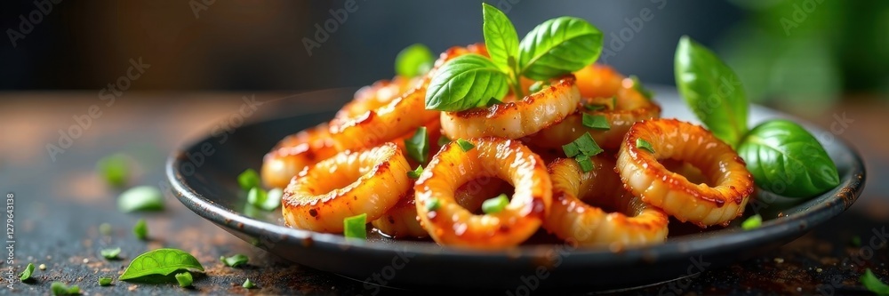Steaming hot pan-fried squid with chopped basil leaves on the side, hot, fried, flavorful