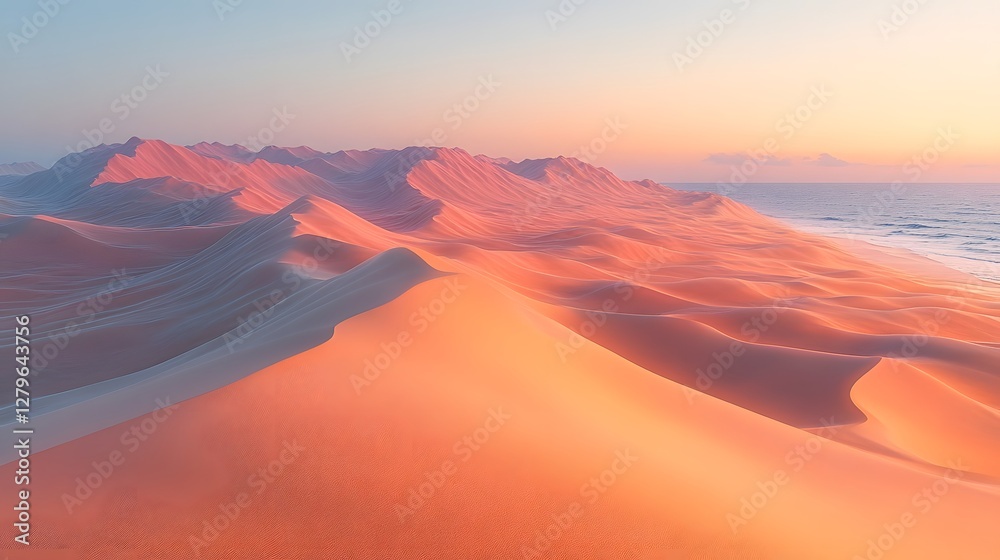 Naklejka premium Serene Desert Landscape at Twilight with Undulating Pastel Dunes