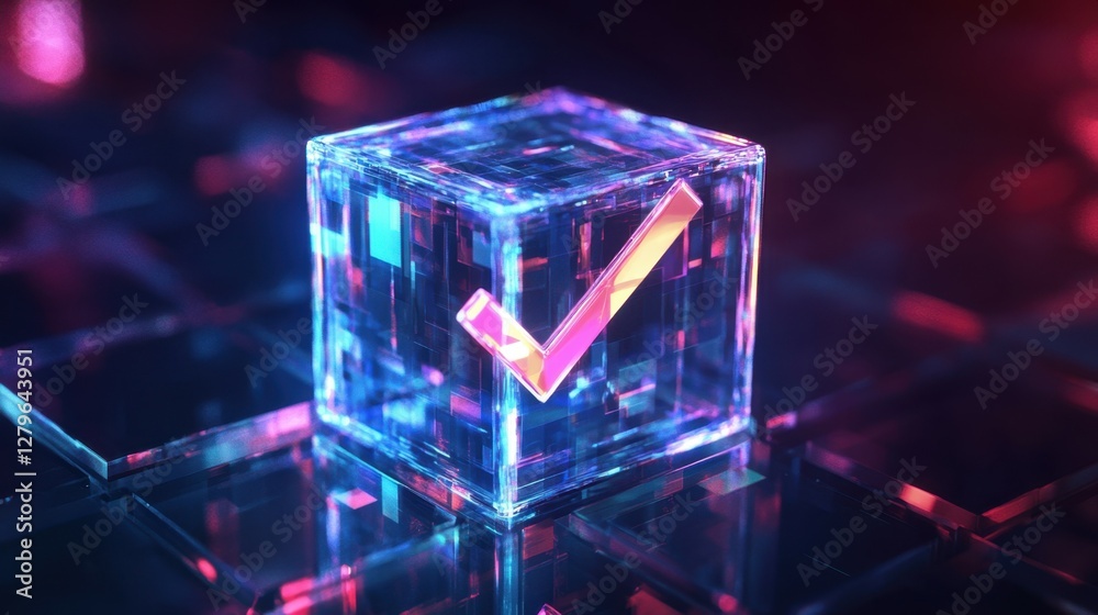 Fototapeta premium A luminous check mark inside a clear cube, created digitally with bright colors in an abstract style.