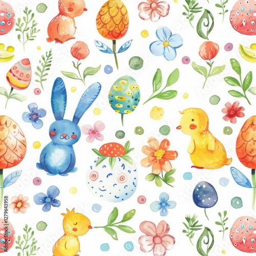Seamless Easter pattern kids watercolor drawing abstract illustration on white background