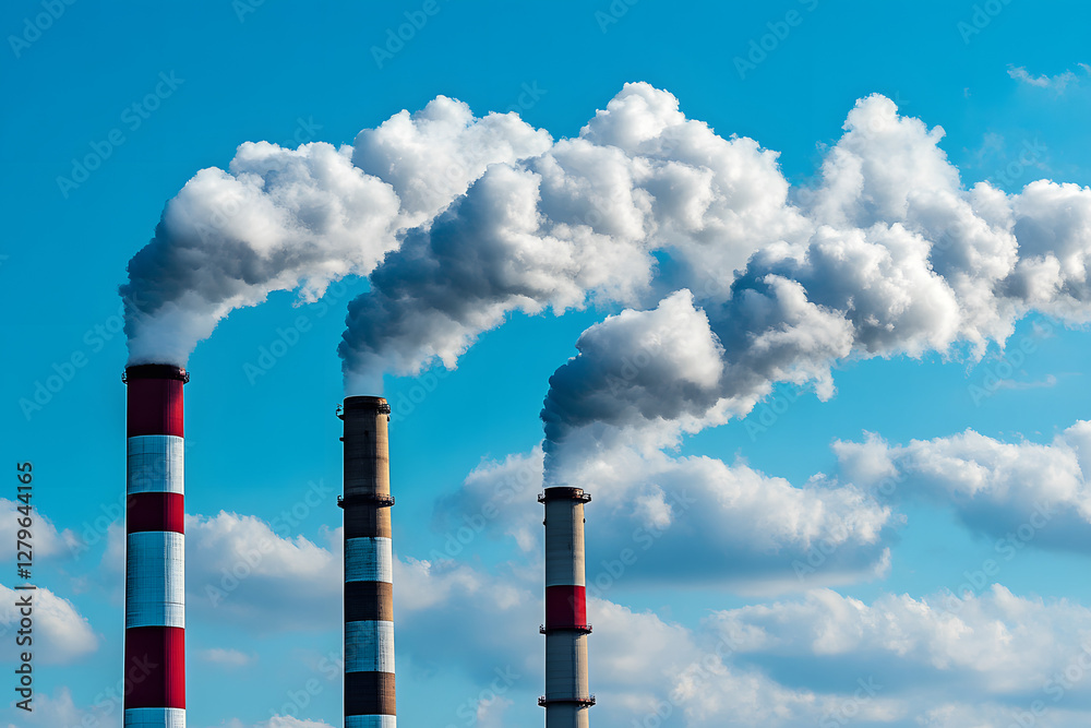 Photo of three large smokestacks with white clouds billowing out from them Photo of three large smokestacks with white clouds billowing out from them
