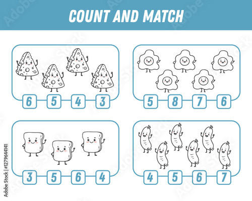 Education game for children count and match of cute Cartoon food character. Activity page. Cartoon cheese, sausage, fried egg, bread. Vector