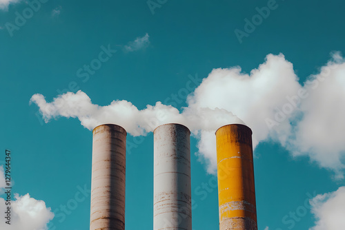 Photo of three large smokestacks with white clouds billowing out from them