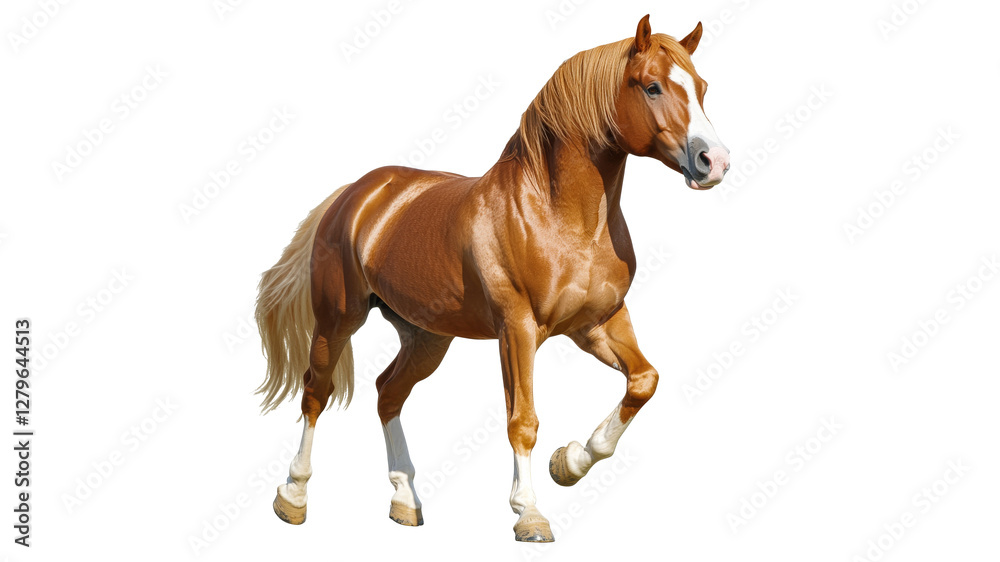 Brown horse walking gracefully in bright setting Brown horse walking gracefully in bright setting