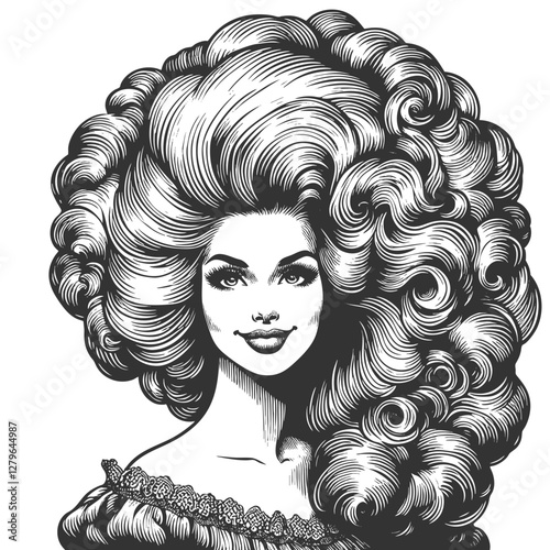 woman with an enormous, intricately curled hairstyle, blending surrealism, elegance, and vintage artistic style sketch engraving generative ai vector illustration. Scratch board. Black and white image