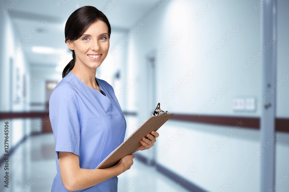 Portrait of happy nurse or doctor in hospital at work. Portrait of happy nurse or doctor in hospital at work.