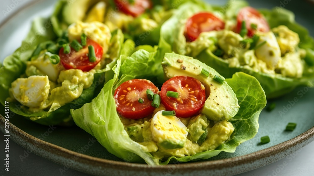 A plate of Avocado Egg Salad Lettuce Wraps, with creamy avocado egg salad nestled in large, crisp lettuce leaves. The salad is topped with halved cherry tomatoes and a sprinkle of fresh chives. A plate of Avocado Egg Salad Lettuce Wraps, with creamy avocado egg salad nestled in large, crisp lettuce leaves. The salad is topped with halved cherry tomatoes and a sprinkle of fresh chives.