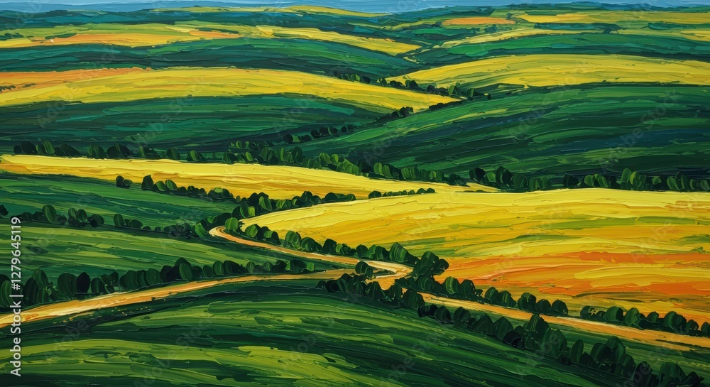 Obraz premium Rolling Hills: A breathtaking view of vibrant, rolling hills painted with rich greens and yellows, a winding path meanders through the scenic landscape, showcasing the beauty of nature. 