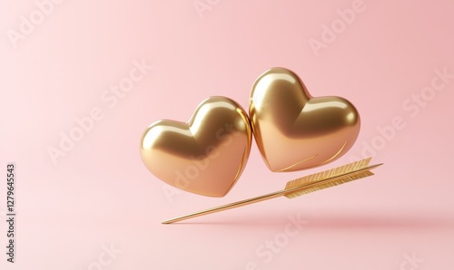A banner template featuring two golden hearts struck by an arrow, rendered in 3D on a pink background, perfect for Valentine's Day and love celebrations.