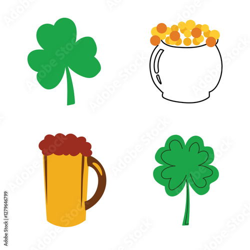 St. Patrick's Day design elements. Vector set of clover leaves, beer mug, and pot of gold. 