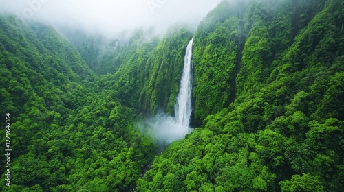 Misty Waterfall in Lush Green Mountains