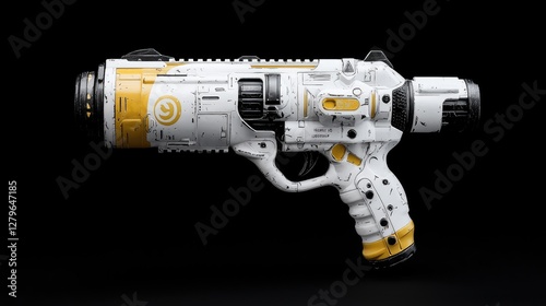 Obraz na płótnie Futuristic white and yellow sci-fi blaster weapon rendered on a solid black background.