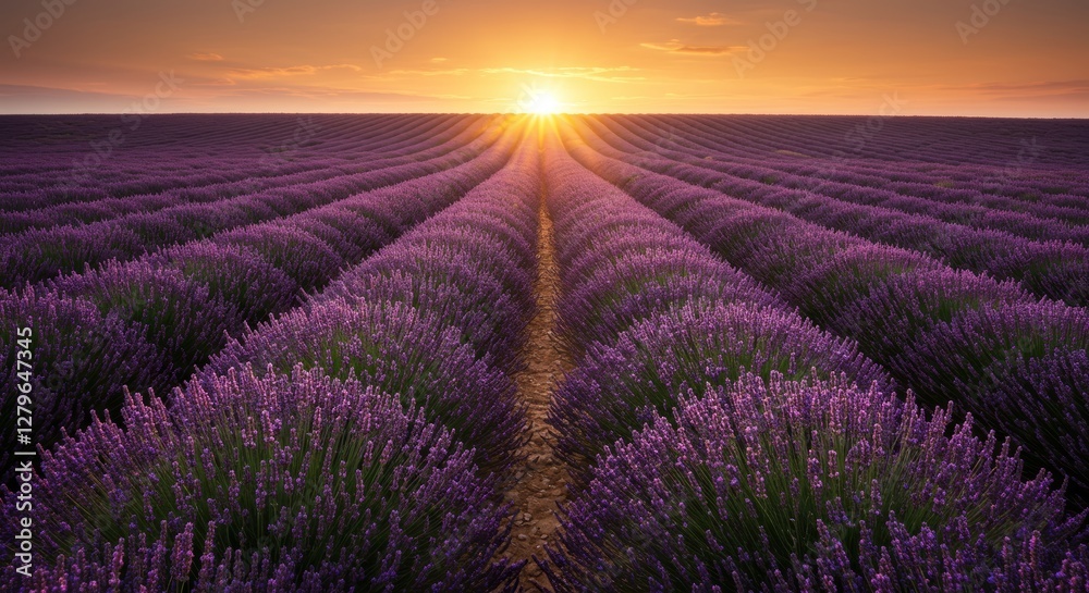 Naklejka premium Endless Lavender Fields Bathed in Golden Sunrise Light Horizon