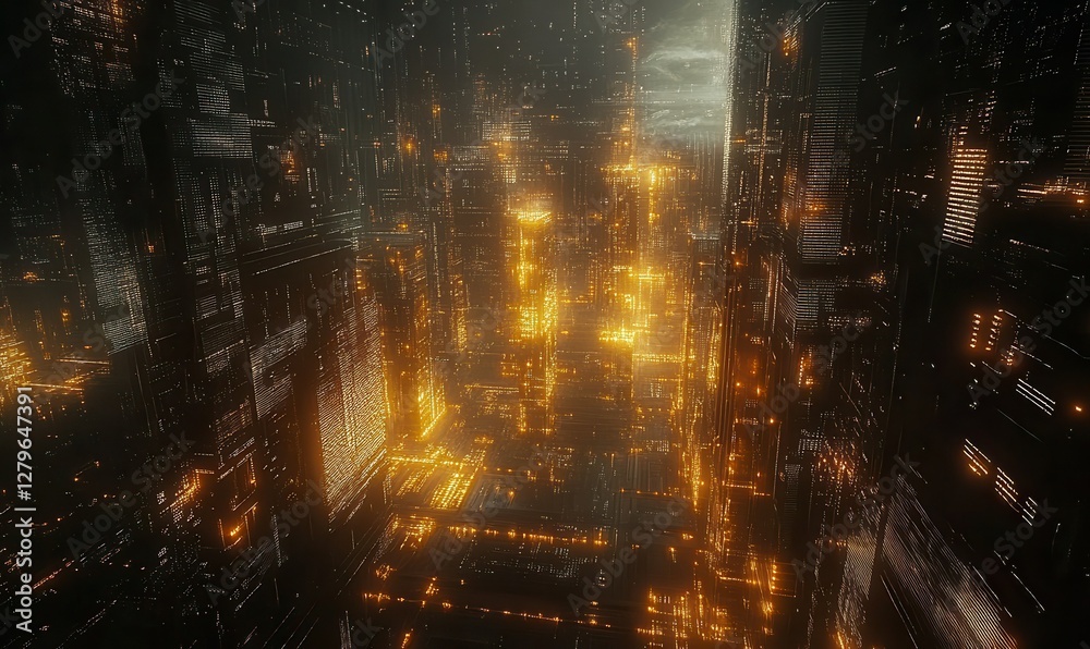 Naklejka premium A modern digital cityscape with glowing lights and skyscrapers, symbolizing technological advancement and urbanization.