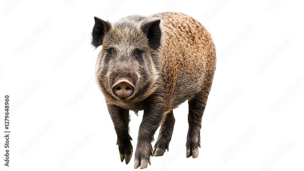 Wild boar walking on white background in nature Wild boar walking on white background in nature